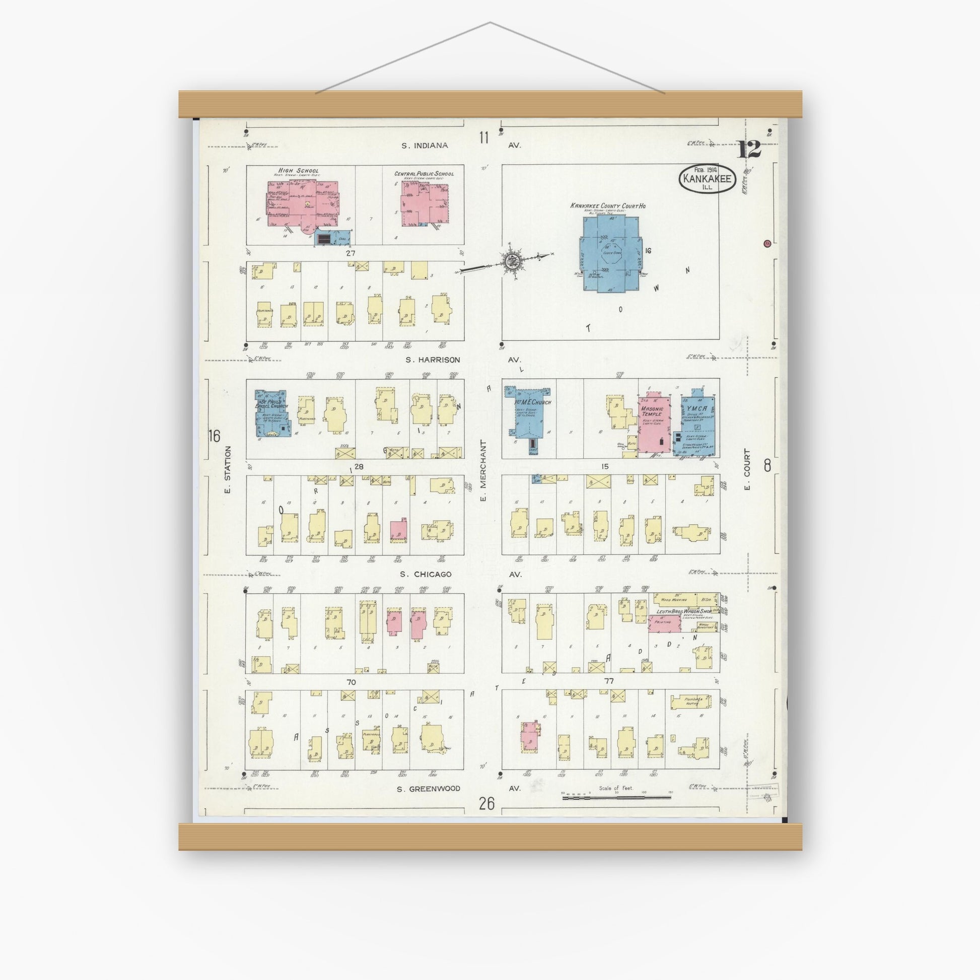 Old map wall art mockup — magnetic wood frame on white wall — Sanborn Fire Insurance Map from Kankakee, Kankakee County, Illinois (1914), Sheet #0012