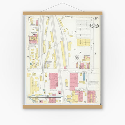Old map wall art mockup — magnetic wood frame on white wall — Sanborn Fire Insurance Map from Battle Creek, Calhoun County, Michigan (1907), Sheet #0012