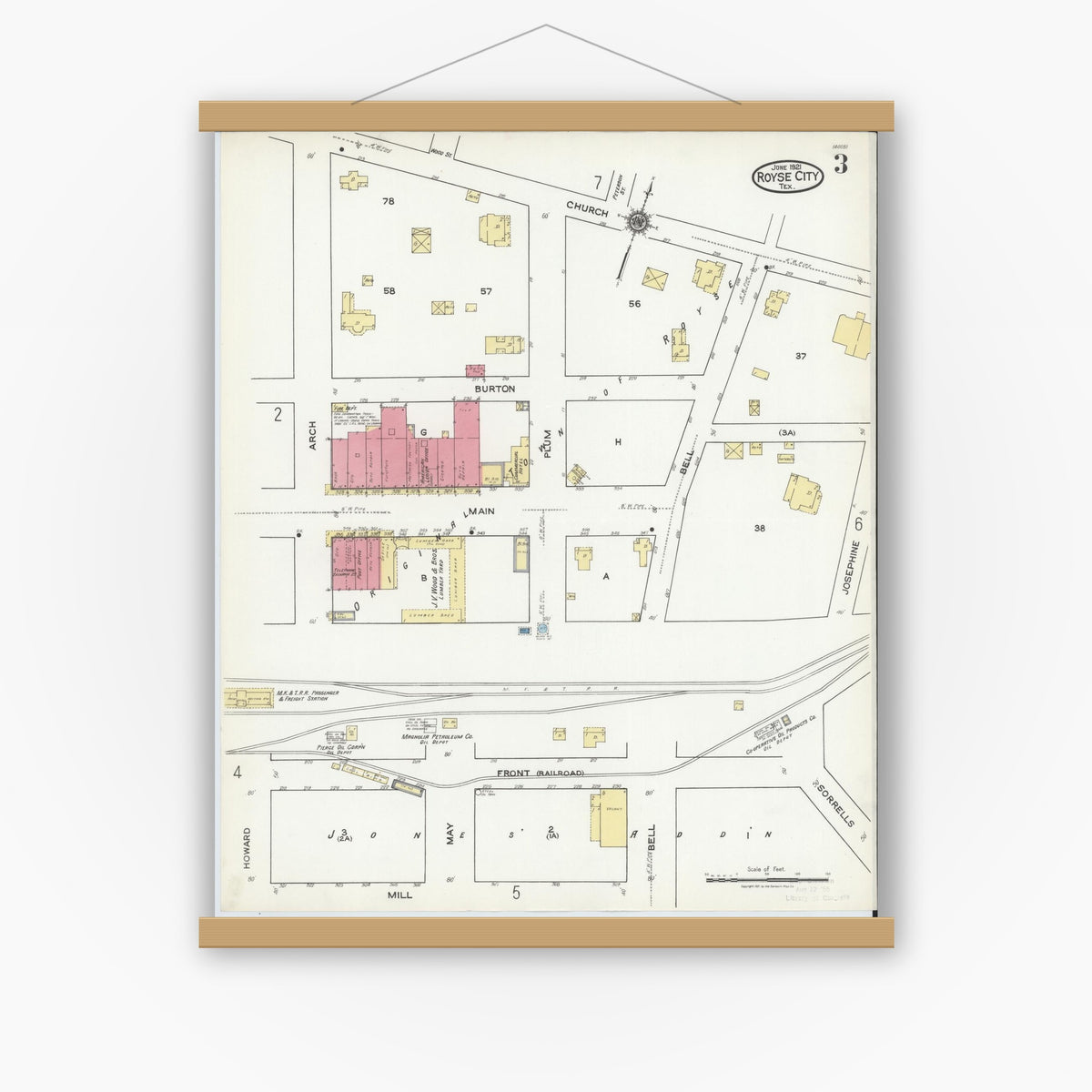 Old map wall art mockup — magnetic wood frame on white wall — Sanborn Fire Insurance Map from Royse City, Rockwell County, Texas (1921), Sheet #0003