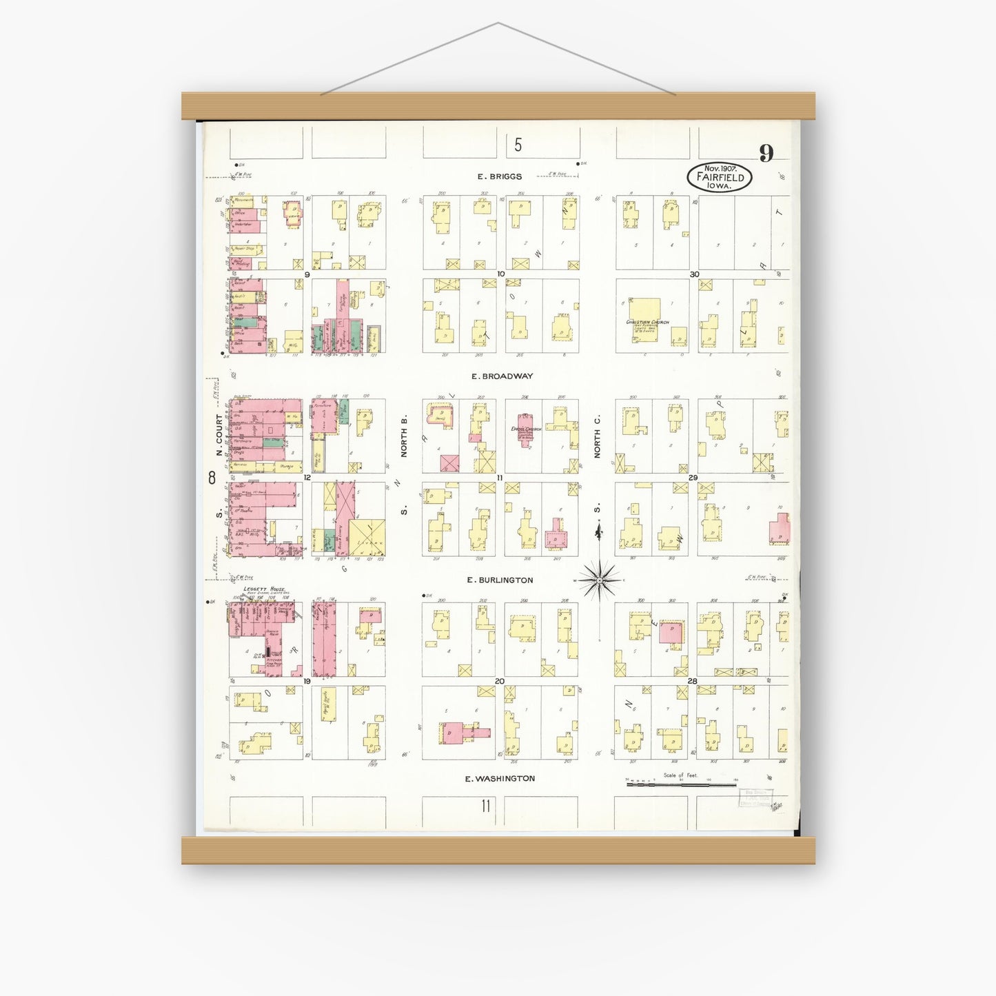 Old map wall art mockup — magnetic wood frame on white wall — Sanborn Fire Insurance Map from Fairfield, Jefferson County, Iowa (1907), Sheet #0009