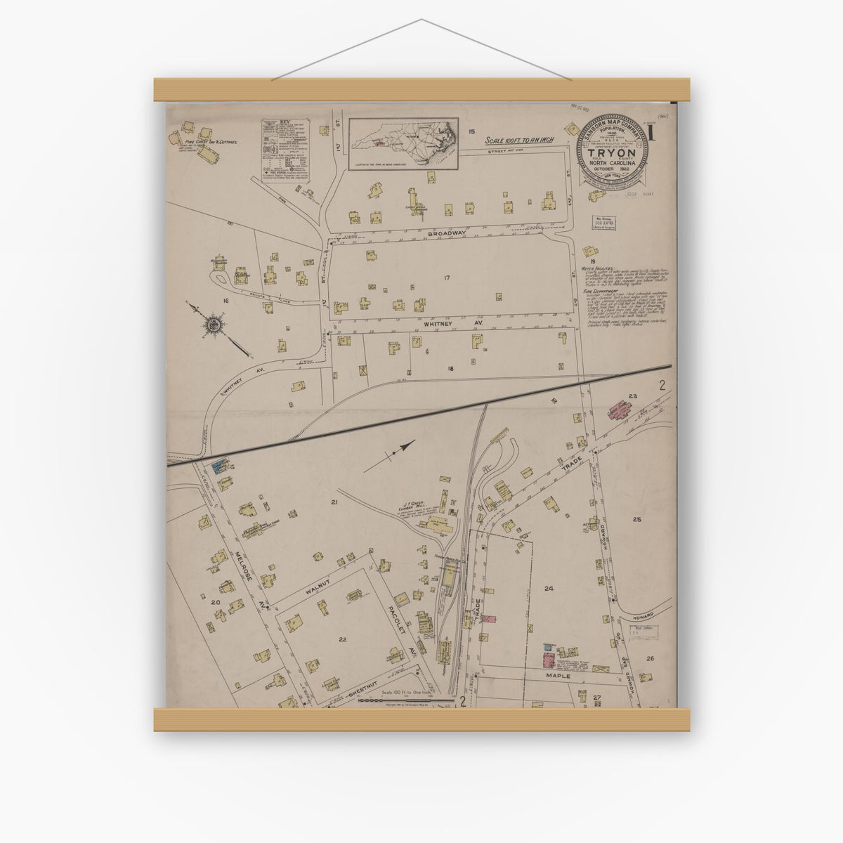 Old map wall art mockup — magnetic wood frame on white wall — Sanborn Fire Insurance Map from Tryon, Polk County, North Carolina (1922) - Complete Map Set
