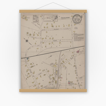 Old map wall art mockup — magnetic wood frame on white wall — Sanborn Fire Insurance Map from Tryon, Polk County, North Carolina (1922) - Complete Map Set