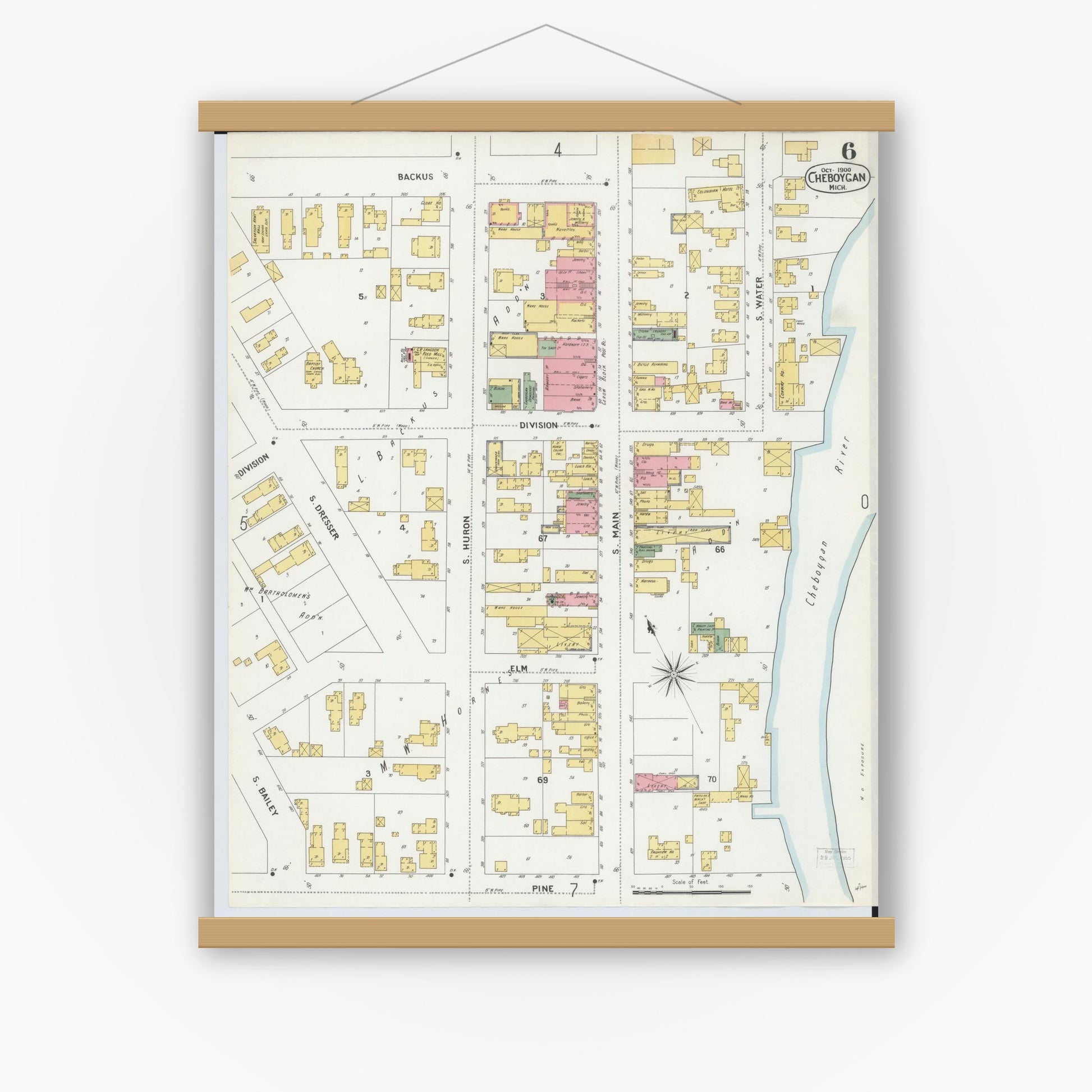 Old map wall art mockup — magnetic wood frame on white wall — Sanborn Fire Insurance Map from Cheboygan, Cheboygan County, Michigan (1900), Sheet #0006