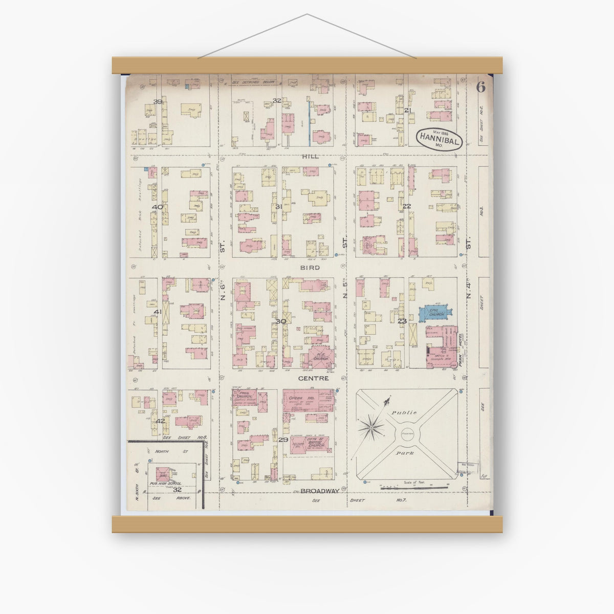 Old map wall art mockup — magnetic wood frame on white wall — Sanborn Fire Insurance Map from Hannibal, Marion County, Missouri (1885), Sheet #0006