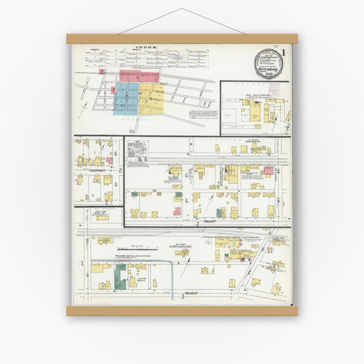 Old map wall art mockup — magnetic wood frame on white wall — Sanborn Fire Insurance Map from Mifflinburg, Union County, Pennsylvania (1901) - Complete Map Set