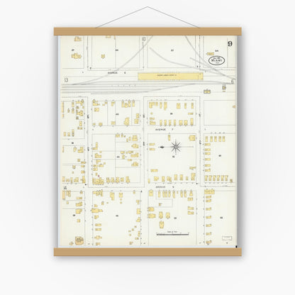 Old map wall art mockup — magnetic wood frame on white wall — Sanborn Fire Insurance Map from Miami, Dade County, Florida (1906), Sheet #0009