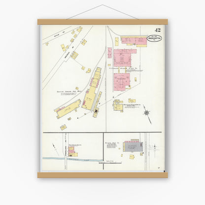 Old map wall art mockup — magnetic wood frame on white wall — Sanborn Fire Insurance Map from Washington, Washington County, Pennsylvania (1909), Sheet #0042