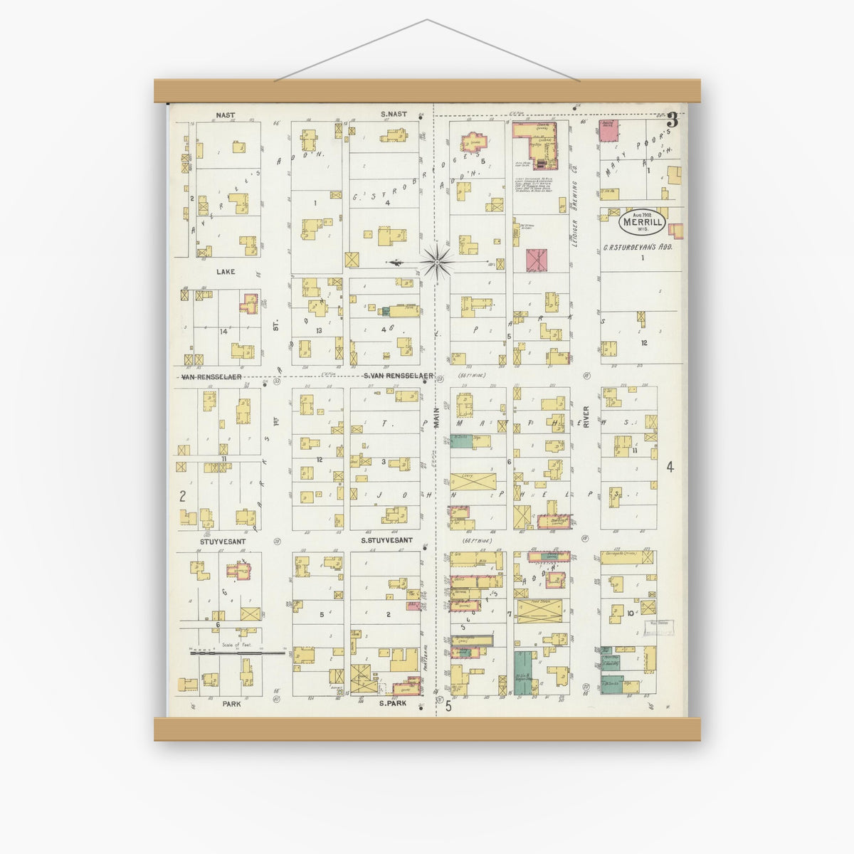 Old map wall art mockup — magnetic wood frame on white wall — Sanborn Fire Insurance Map from Merrill, Lincoln County, Wisconsin (1902), Sheet #0003