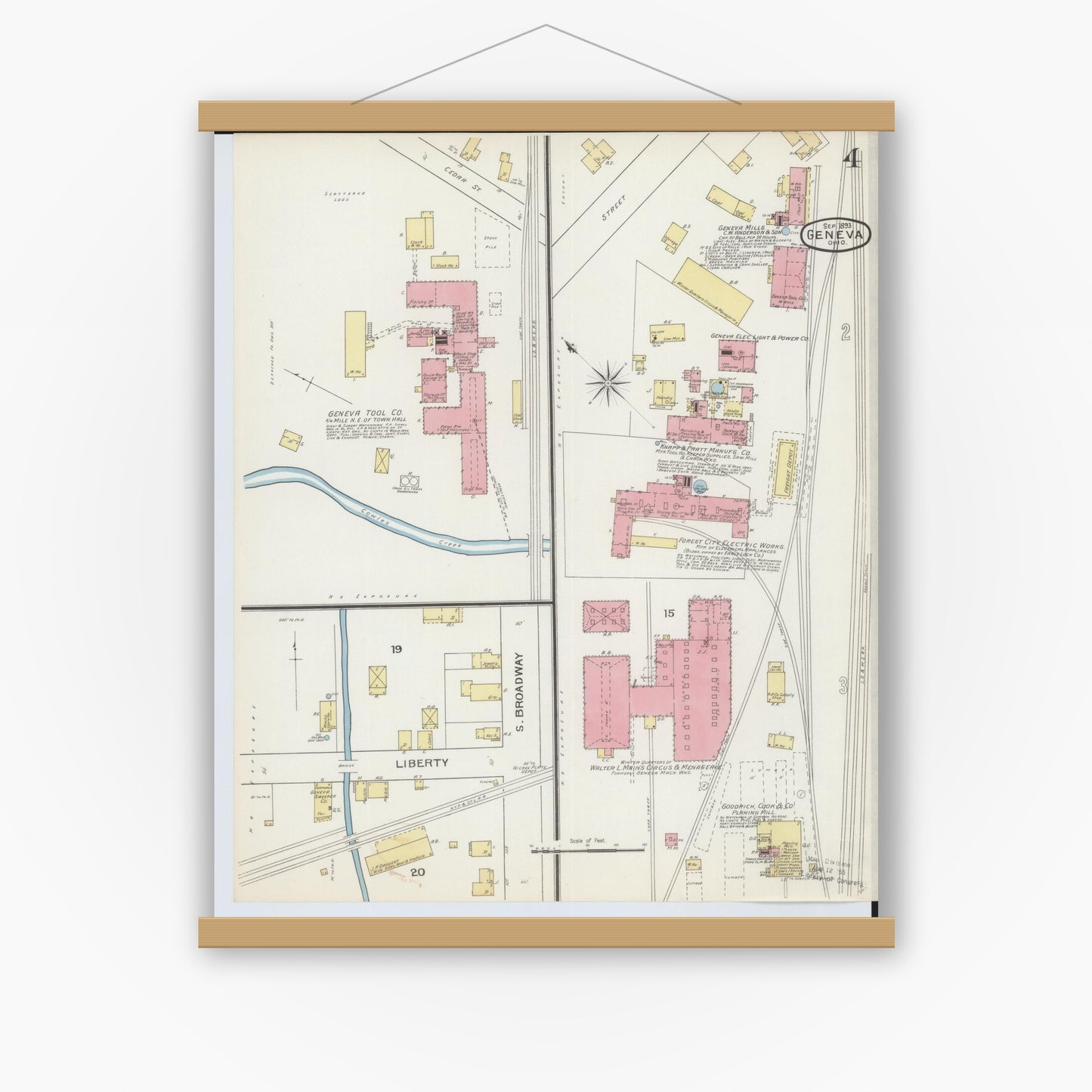 Old map wall art mockup — magnetic wood frame on white wall — Sanborn Fire Insurance Map from Geneva, Ashtabula County, Ohio (1893), Sheet #0004