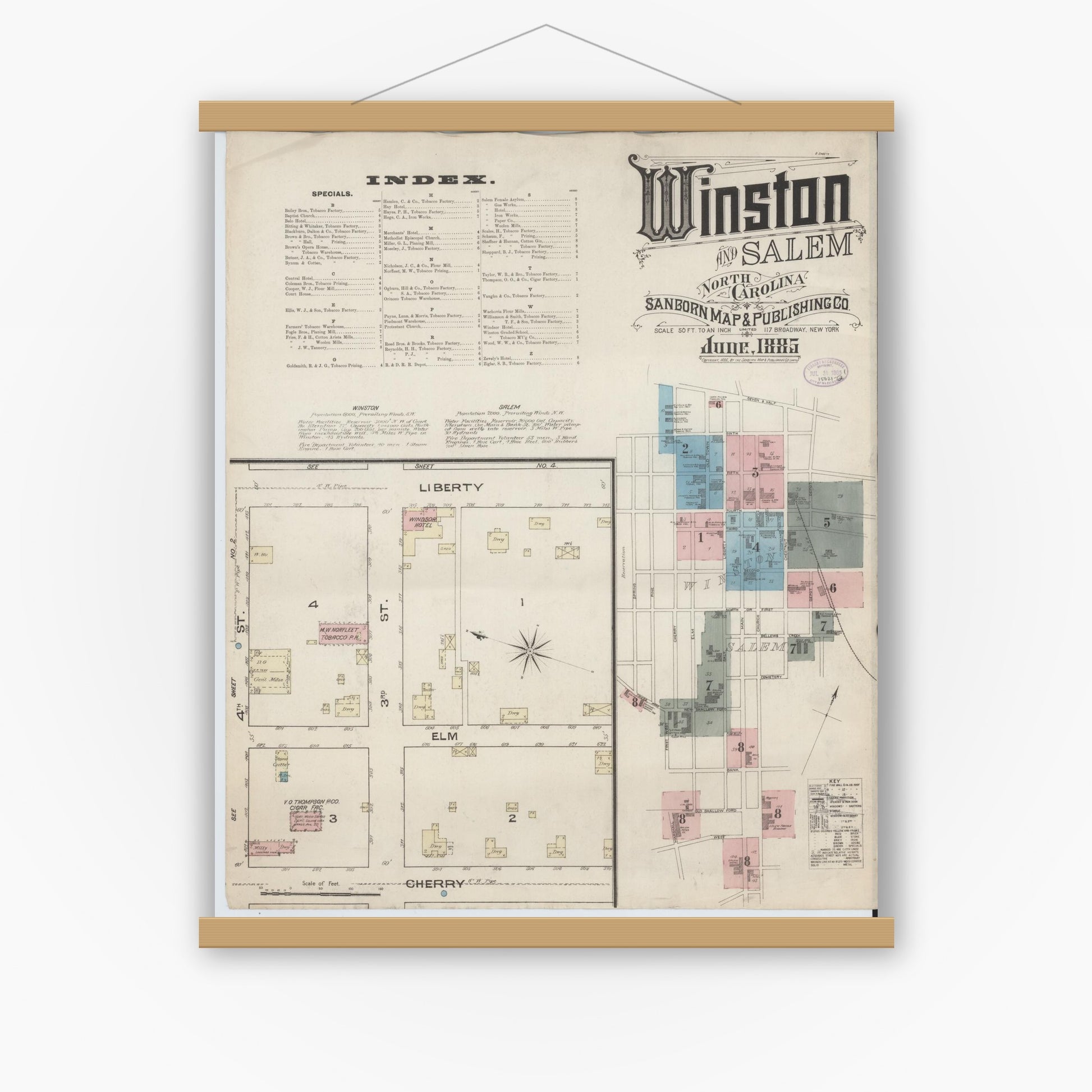 Old map wall art mockup — magnetic wood frame on white wall — Sanborn Fire Insurance Map from Winston-Salem, Forsyth County, North Carolina (1885) - Complete Map Set