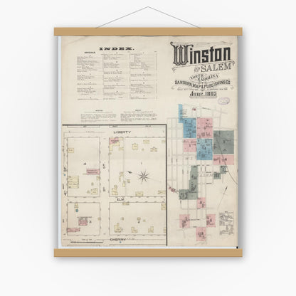 Old map wall art mockup — magnetic wood frame on white wall — Sanborn Fire Insurance Map from Winston-Salem, Forsyth County, North Carolina (1885) - Complete Map Set