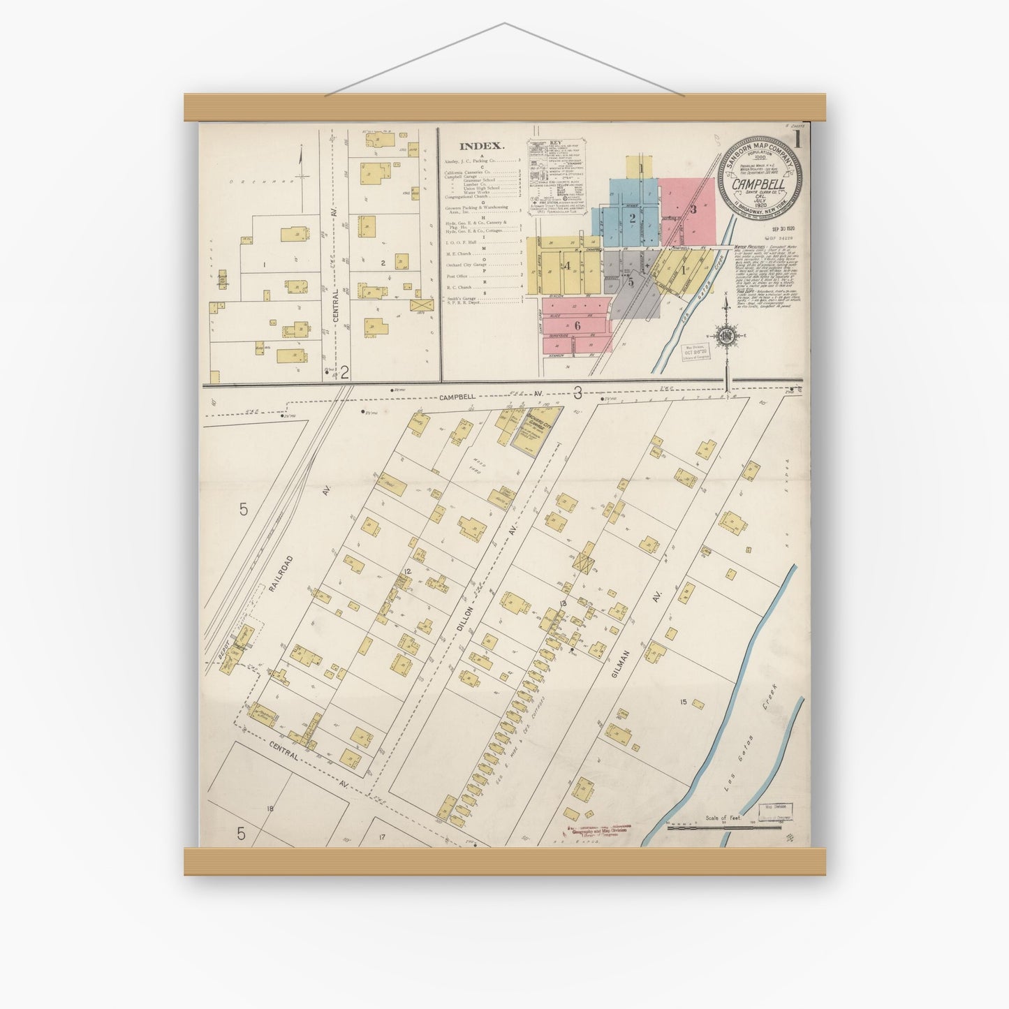 Old map wall art mockup — magnetic wood frame on white wall — Sanborn Fire Insurance Map from Campbell, Santa Clara County, California (1920) - Complete Map Set