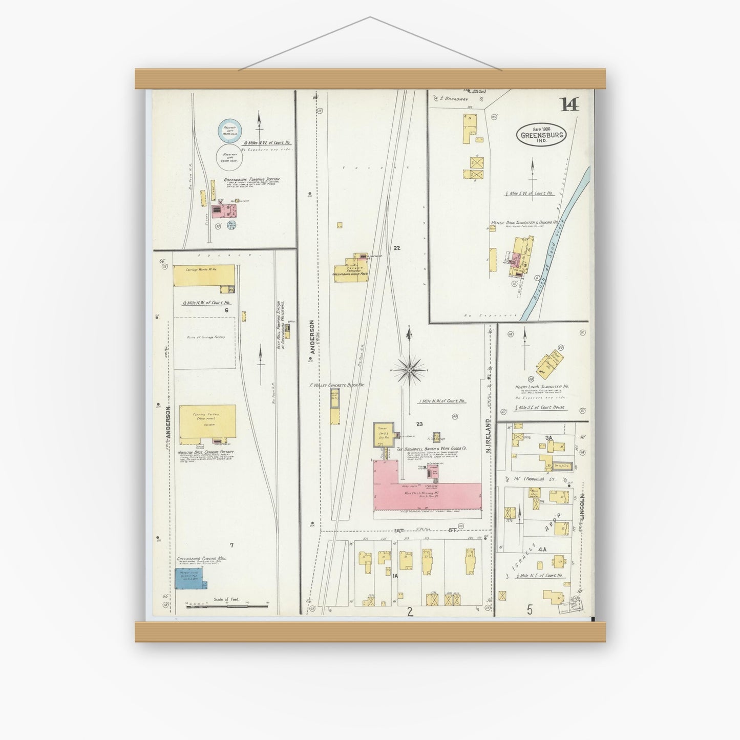 Old map wall art mockup — magnetic wood frame on white wall — Sanborn Fire Insurance Map from Greensburg, Decatur County, Indiana (1906), Sheet #0014
