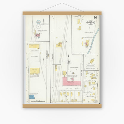 Old map wall art mockup — magnetic wood frame on white wall — Sanborn Fire Insurance Map from Greensburg, Decatur County, Indiana (1906), Sheet #0014