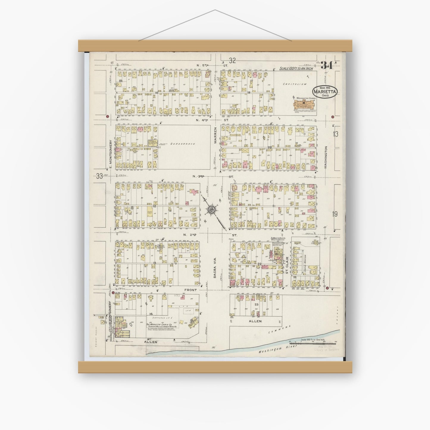 Old map wall art mockup — magnetic wood frame on white wall — Sanborn Fire Insurance Map from Marietta, Washington County, Ohio (1915), Sheet #0034
