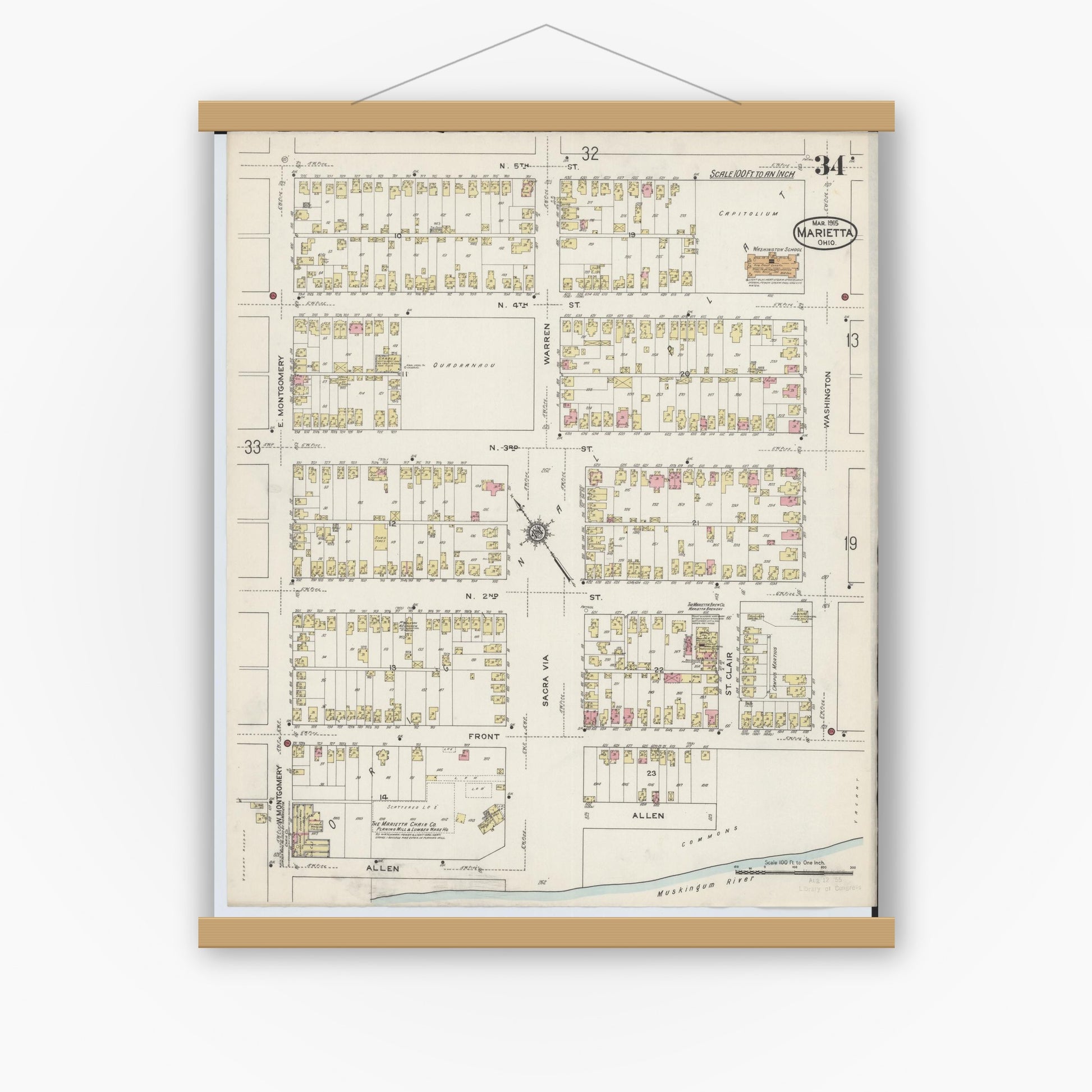 Old map wall art mockup — magnetic wood frame on white wall — Sanborn Fire Insurance Map from Marietta, Washington County, Ohio (1915), Sheet #0034