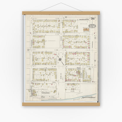Old map wall art mockup — magnetic wood frame on white wall — Sanborn Fire Insurance Map from Marietta, Washington County, Ohio (1915), Sheet #0034