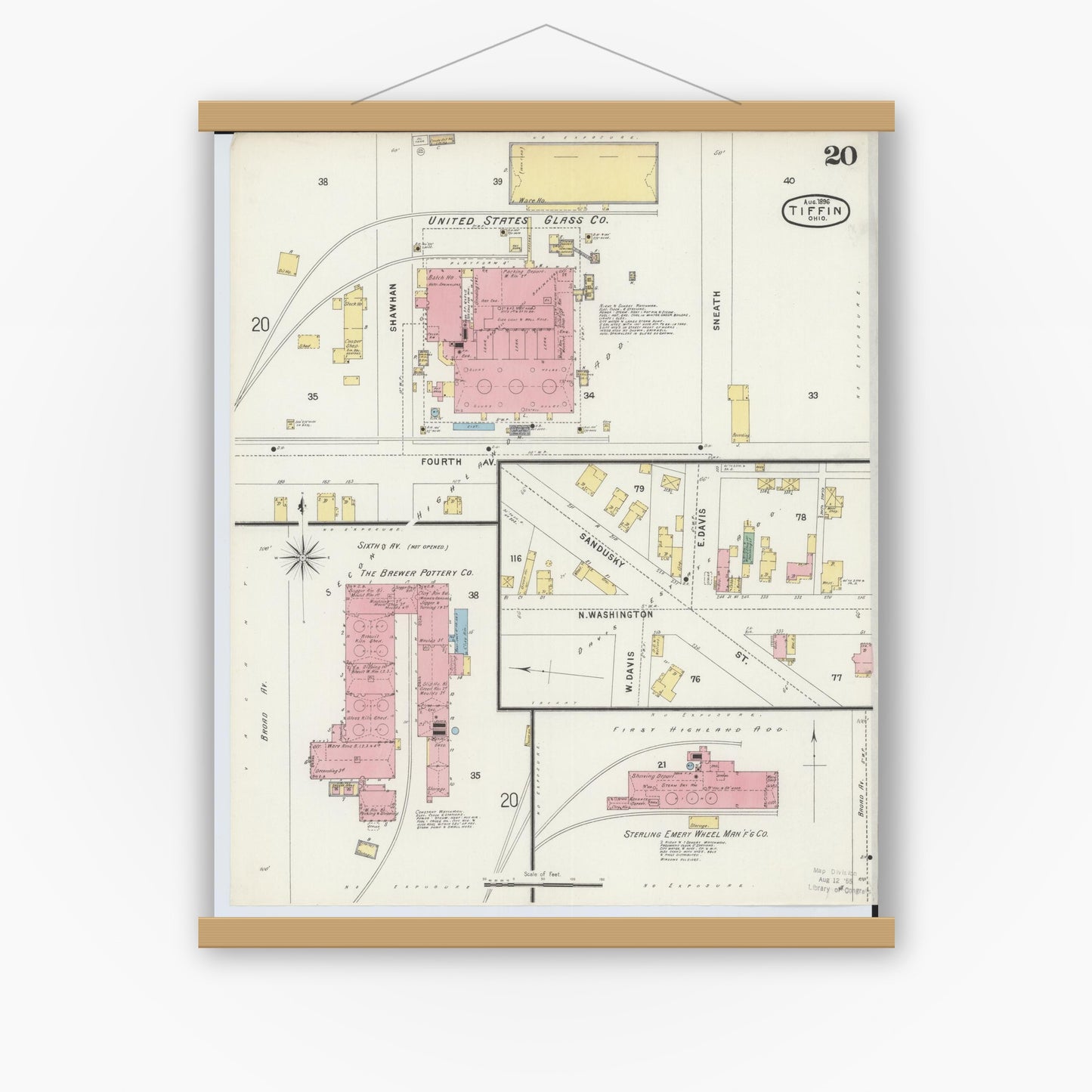 Old map wall art mockup — magnetic wood frame on white wall — Sanborn Fire Insurance Map from Tiffin, Seneca County, Ohio (1896), Sheet #0020