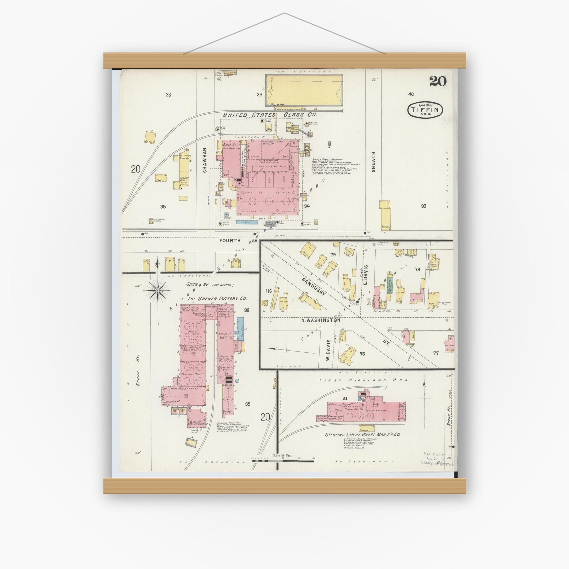Old map wall art mockup — magnetic wood frame on white wall — Sanborn Fire Insurance Map from Tiffin, Seneca County, Ohio (1896), Sheet #0020