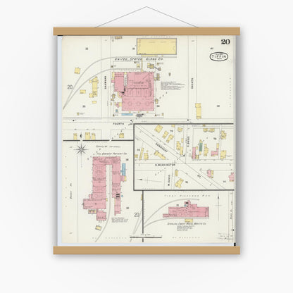 Old map wall art mockup — magnetic wood frame on white wall — Sanborn Fire Insurance Map from Tiffin, Seneca County, Ohio (1896), Sheet #0020