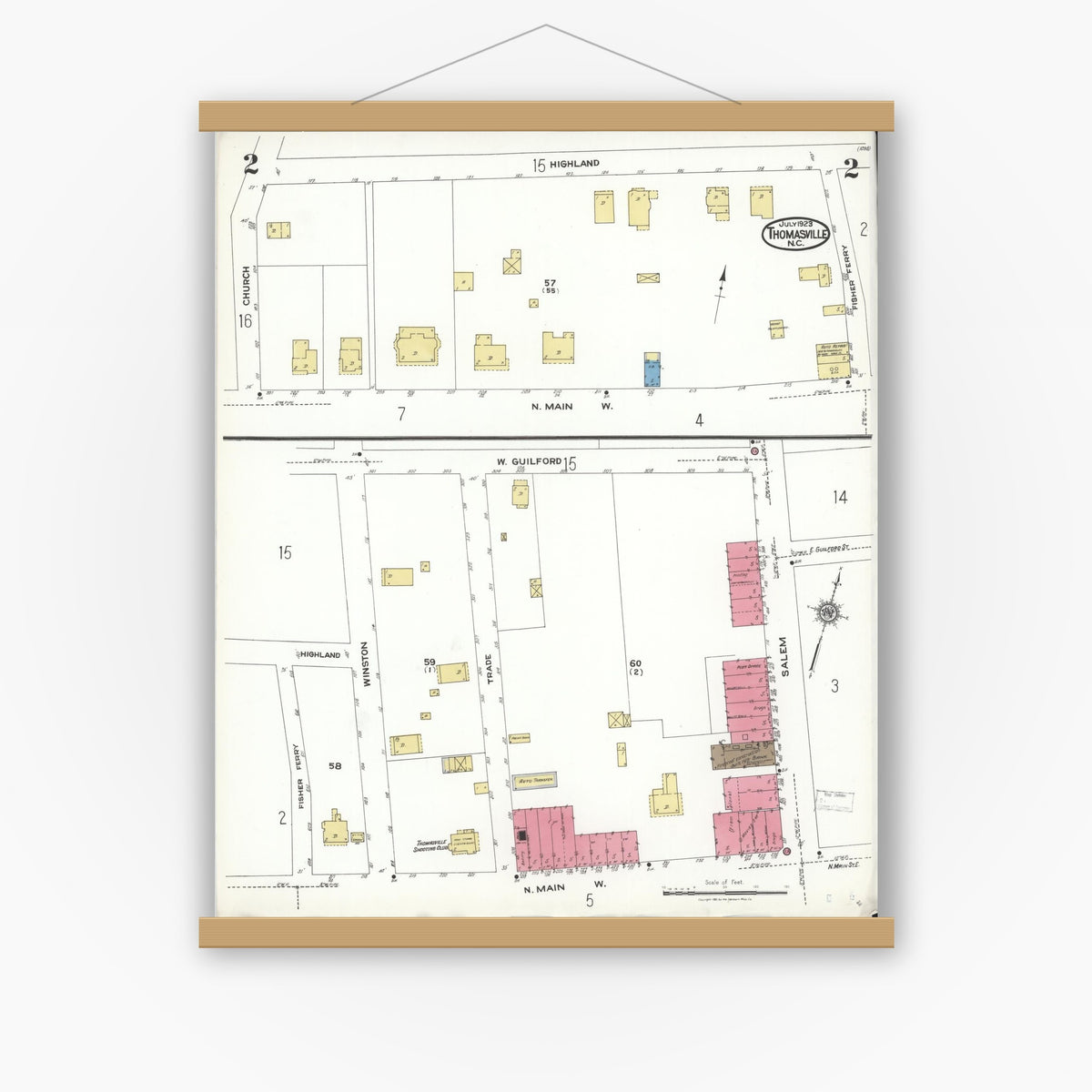 Old map wall art mockup — magnetic wood frame on white wall — Sanborn Fire Insurance Map from Thomasville, Davidson County, North Carolina (1923), Sheet #0002