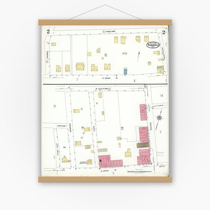 Old map wall art mockup — magnetic wood frame on white wall — Sanborn Fire Insurance Map from Thomasville, Davidson County, North Carolina (1923), Sheet #0002