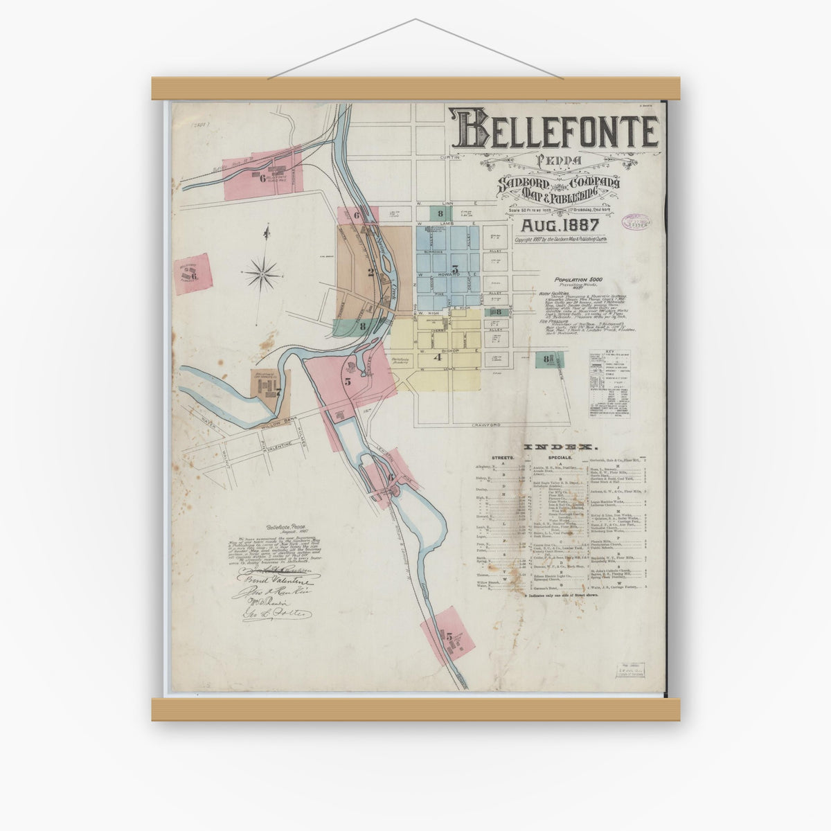 Old map wall art mockup — magnetic wood frame on white wall — Sanborn Fire Insurance Map from Bellefonte, Centre County, Pennsylvania (1887), Sheet #0001