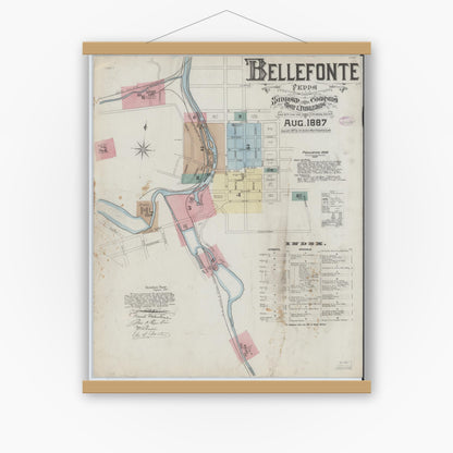 Old map wall art mockup — magnetic wood frame on white wall — Sanborn Fire Insurance Map from Bellefonte, Centre County, Pennsylvania (1887), Sheet #0001