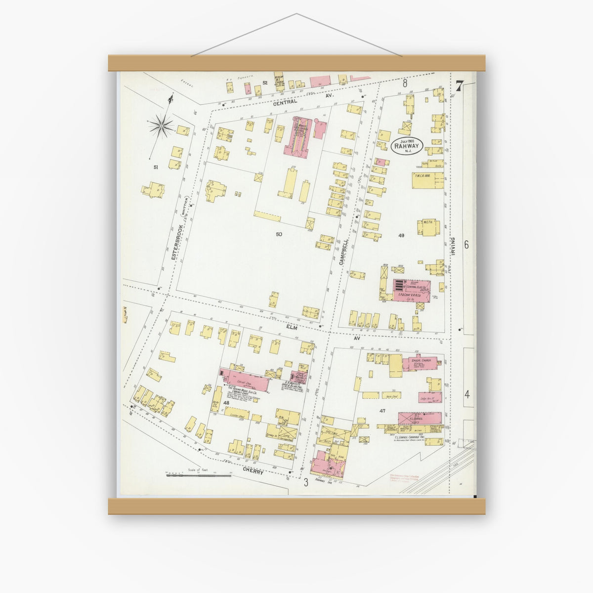 Old map wall art mockup — magnetic wood frame on white wall — Sanborn Fire Insurance Map from Rahway, Union County, New Jersey (1901), Sheet #0007