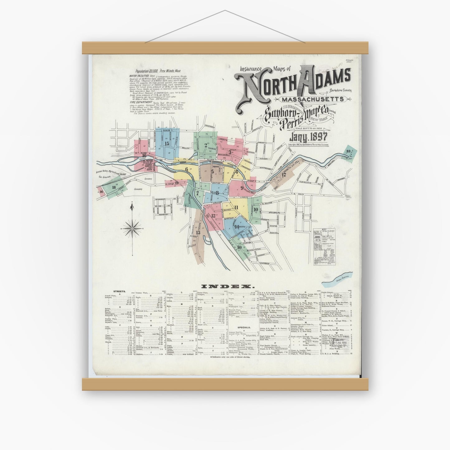 Old map wall art mockup — magnetic wood frame on white wall — Sanborn Fire Insurance Map from North Adams, Berkshire County, Massachusetts (1897) - Complete Map Set