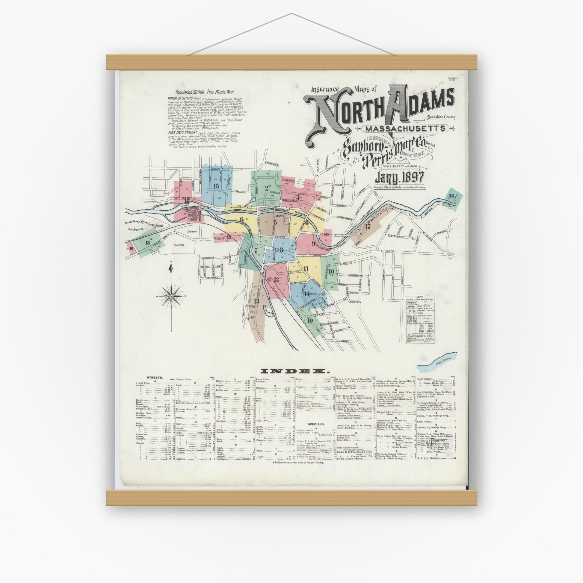 Old map wall art mockup — magnetic wood frame on white wall — Sanborn Fire Insurance Map from North Adams, Berkshire County, Massachusetts (1897) - Complete Map Set