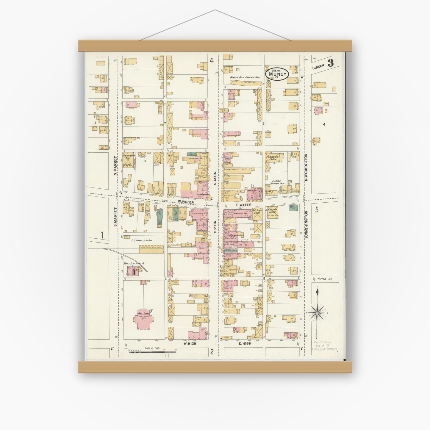 Old map wall art mockup — magnetic wood frame on white wall — Sanborn Fire Insurance Map from Muncy, Lycoming County, Pennsylvania (1901), Sheet #0003