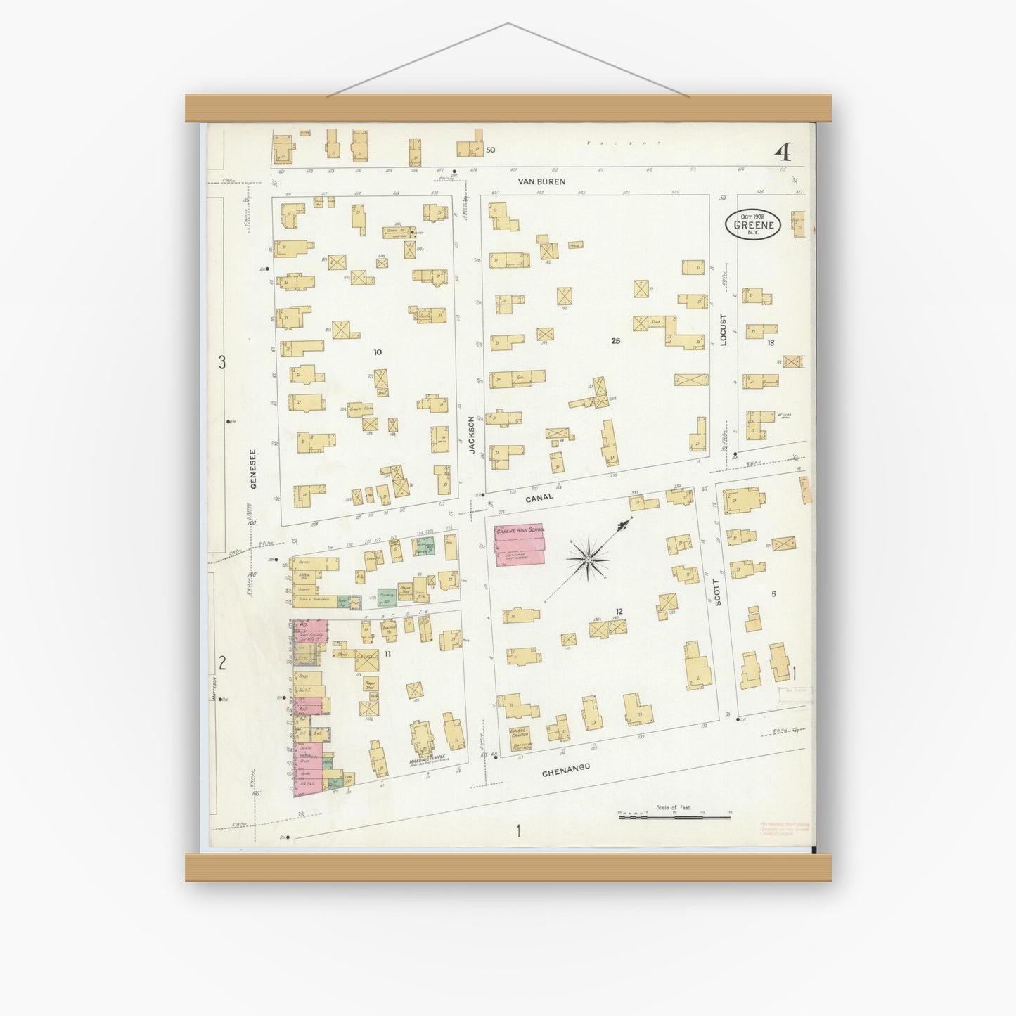 Old map wall art mockup — magnetic wood frame on white wall — Sanborn Fire Insurance Map from Greene, Chenango County, New York (1908), Sheet #0004