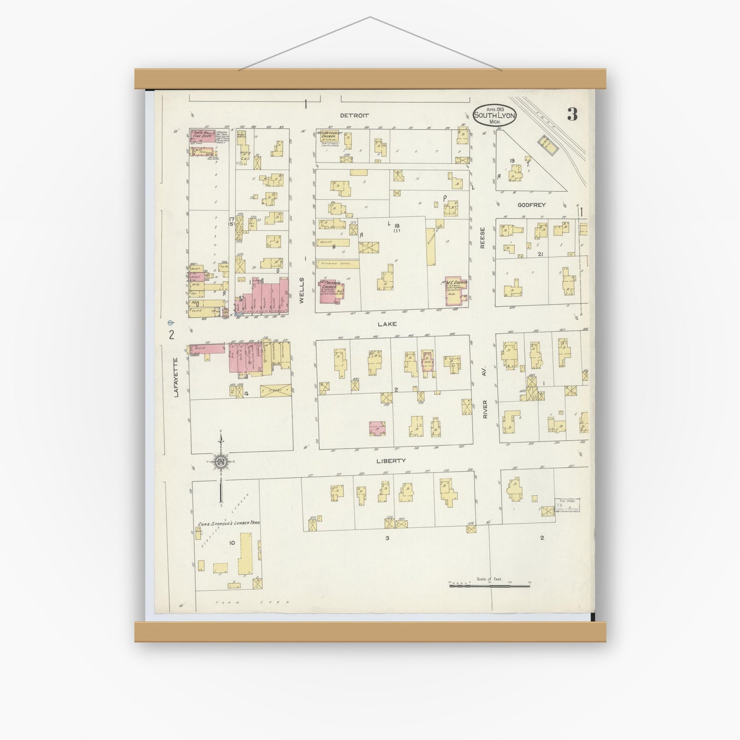 Old map wall art mockup — magnetic wood frame on white wall — Sanborn Fire Insurance Map from South Lyon, Oakland County, Michigan (1913), Sheet #0003