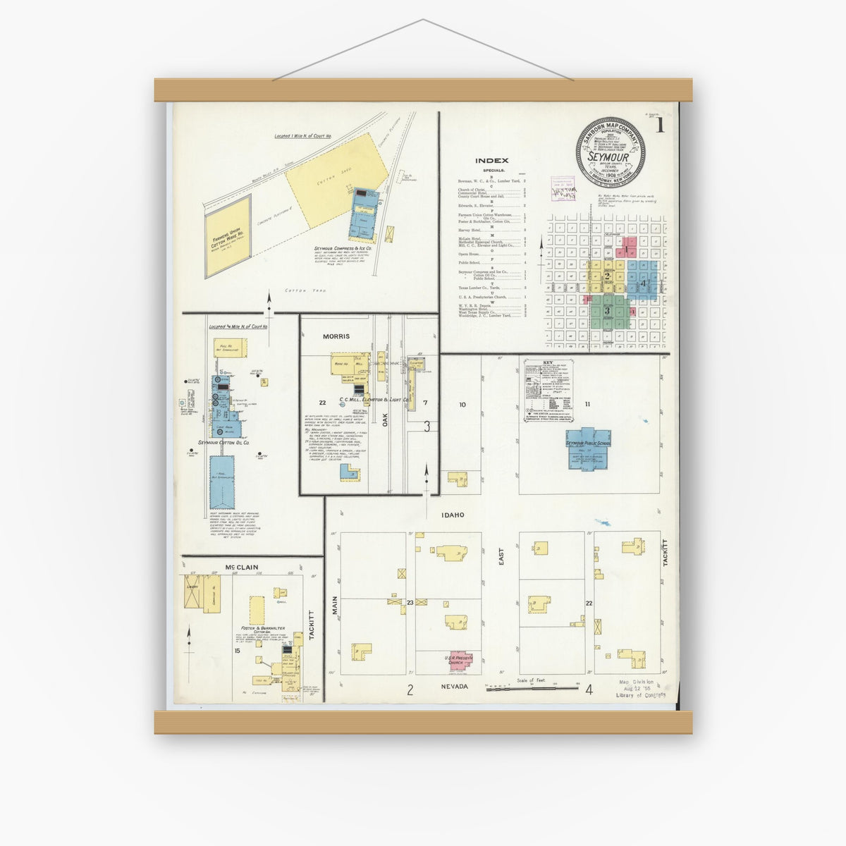 Old map wall art mockup — magnetic wood frame on white wall — Sanborn Fire Insurance Map from Seymour, Baylor County, Texas (1908), Sheet #0001