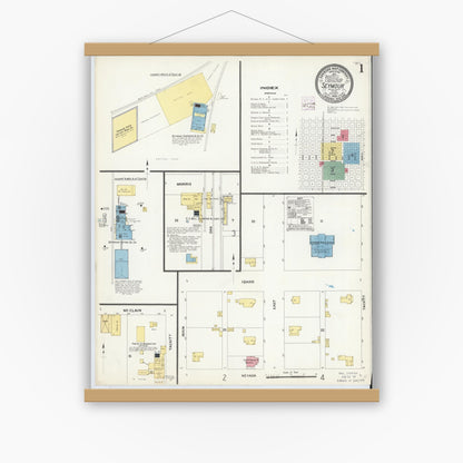 Old map wall art mockup — magnetic wood frame on white wall — Sanborn Fire Insurance Map from Seymour, Baylor County, Texas (1908), Sheet #0001