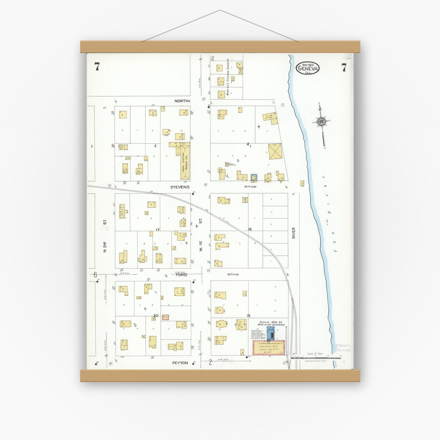 Old map wall art mockup — magnetic wood frame on white wall — Sanborn Fire Insurance Map from Geneva, Kane County, Illinois (1923), Sheet #0007