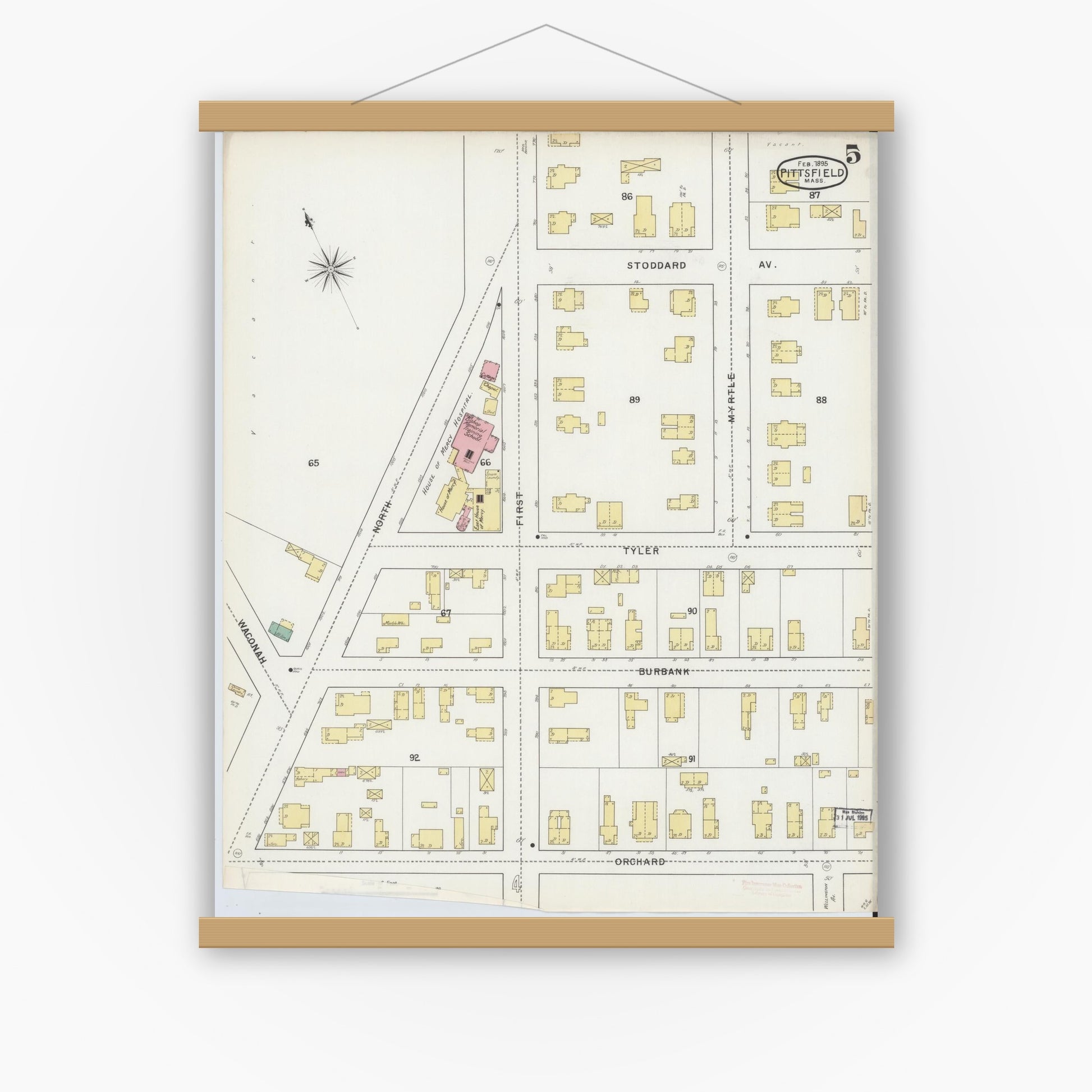 Old map wall art mockup — magnetic wood frame on white wall — Sanborn Fire Insurance Map from Pittsfield, Berkshire County, Massachusetts (1895), Sheet #0005