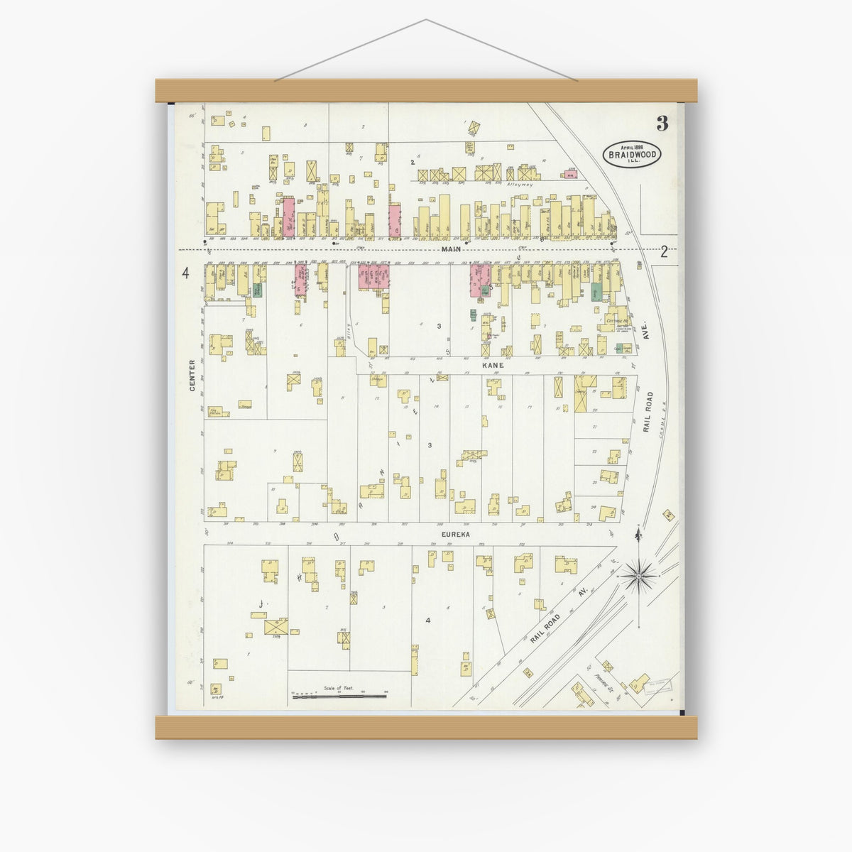 Old map wall art mockup — magnetic wood frame on white wall — Sanborn Fire Insurance Map from Braidwood, Will County, Illinois (1898), Sheet #0003