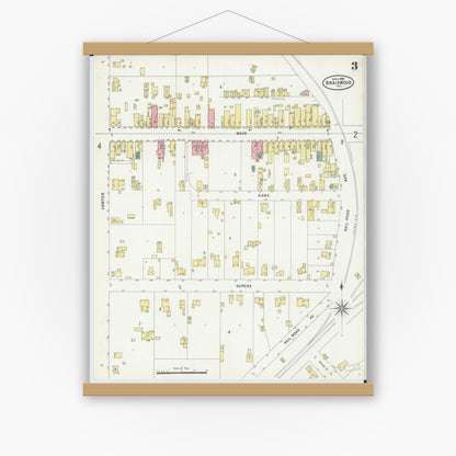 Old map wall art mockup — magnetic wood frame on white wall — Sanborn Fire Insurance Map from Braidwood, Will County, Illinois (1898), Sheet #0003