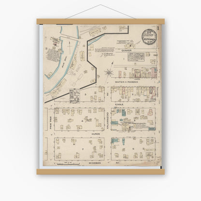 Old map wall art mockup — magnetic wood frame on white wall — Sanborn Fire Insurance Map from South Haven, Van Buren County, Michigan (1884), Sheet #0001
