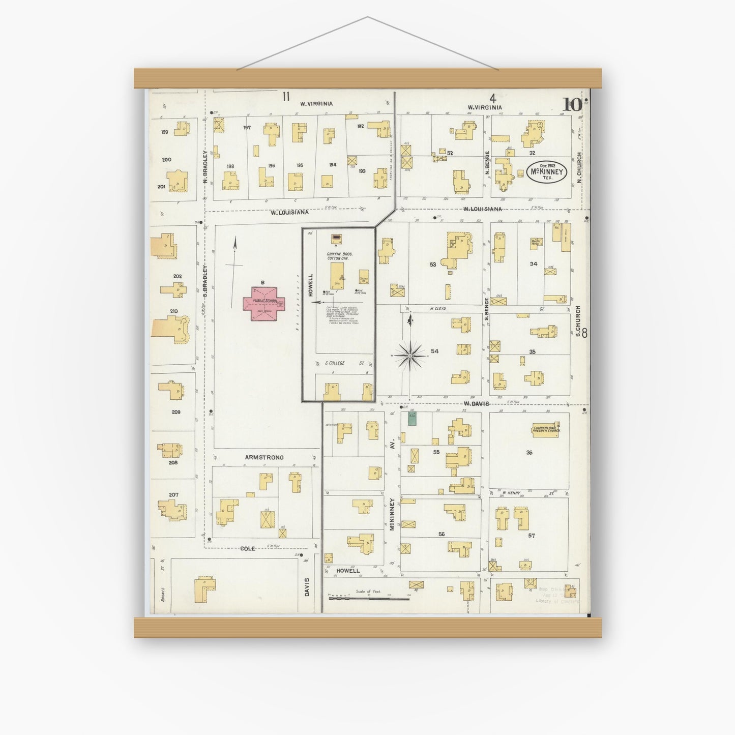 Old map wall art mockup — magnetic wood frame on white wall — Sanborn Fire Insurance Map from McKinney, Collin County, Texas (1902), Sheet #0010