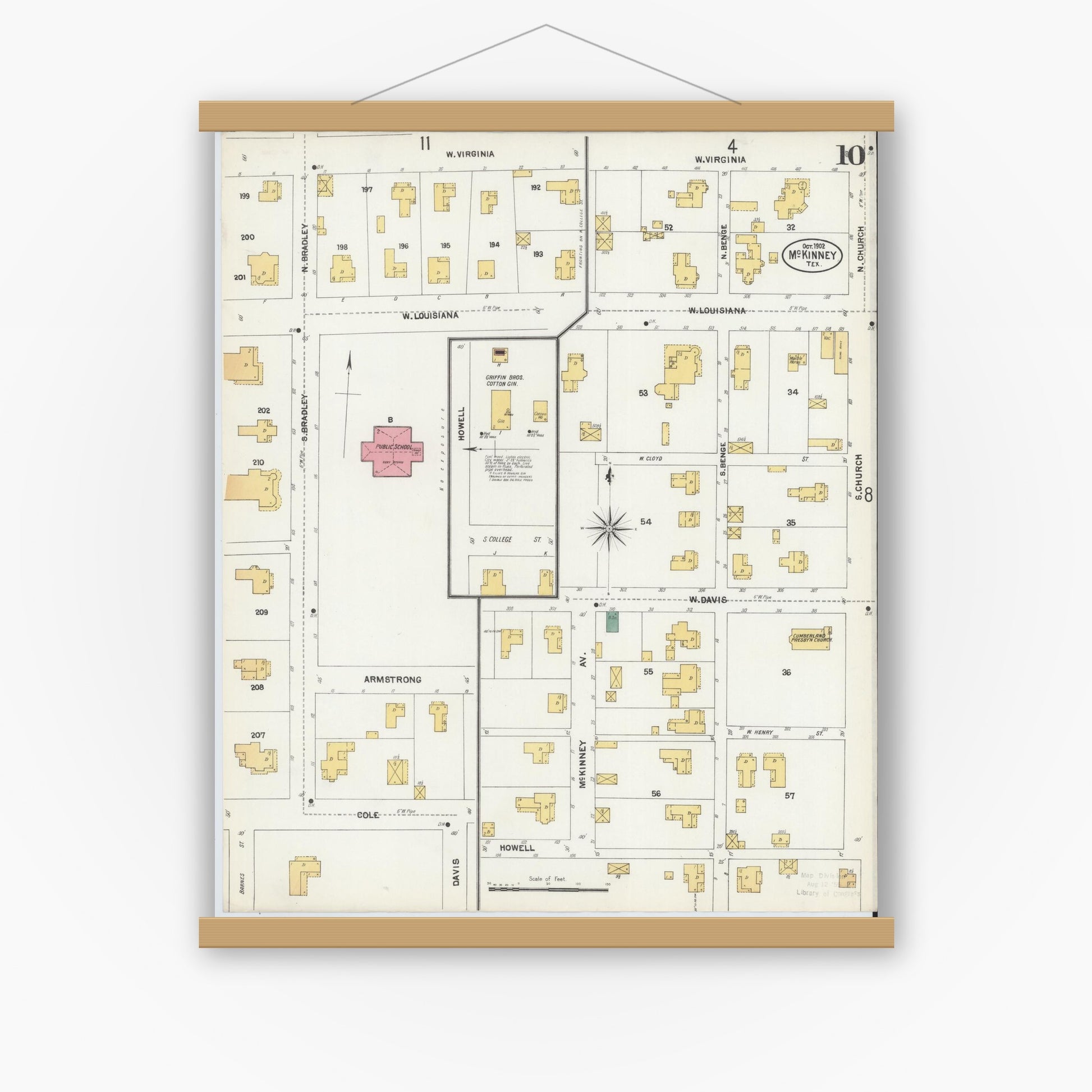 Old map wall art mockup — magnetic wood frame on white wall — Sanborn Fire Insurance Map from McKinney, Collin County, Texas (1902), Sheet #0010
