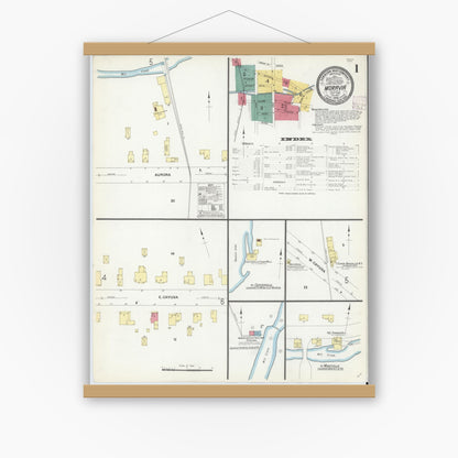 Old map wall art mockup — magnetic wood frame on white wall — Sanborn Fire Insurance Map from Moravia, Cayuga County, New York (1908) - Complete Map Set