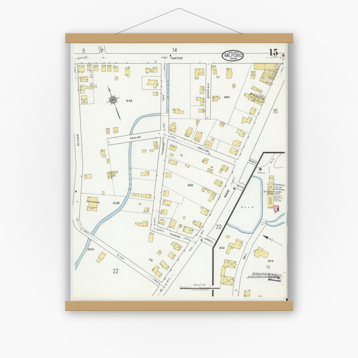 Old map wall art mockup — magnetic wood frame on white wall — Sanborn Fire Insurance Map from Milford, Worcester County, Massachusetts (1920), Sheet #0015