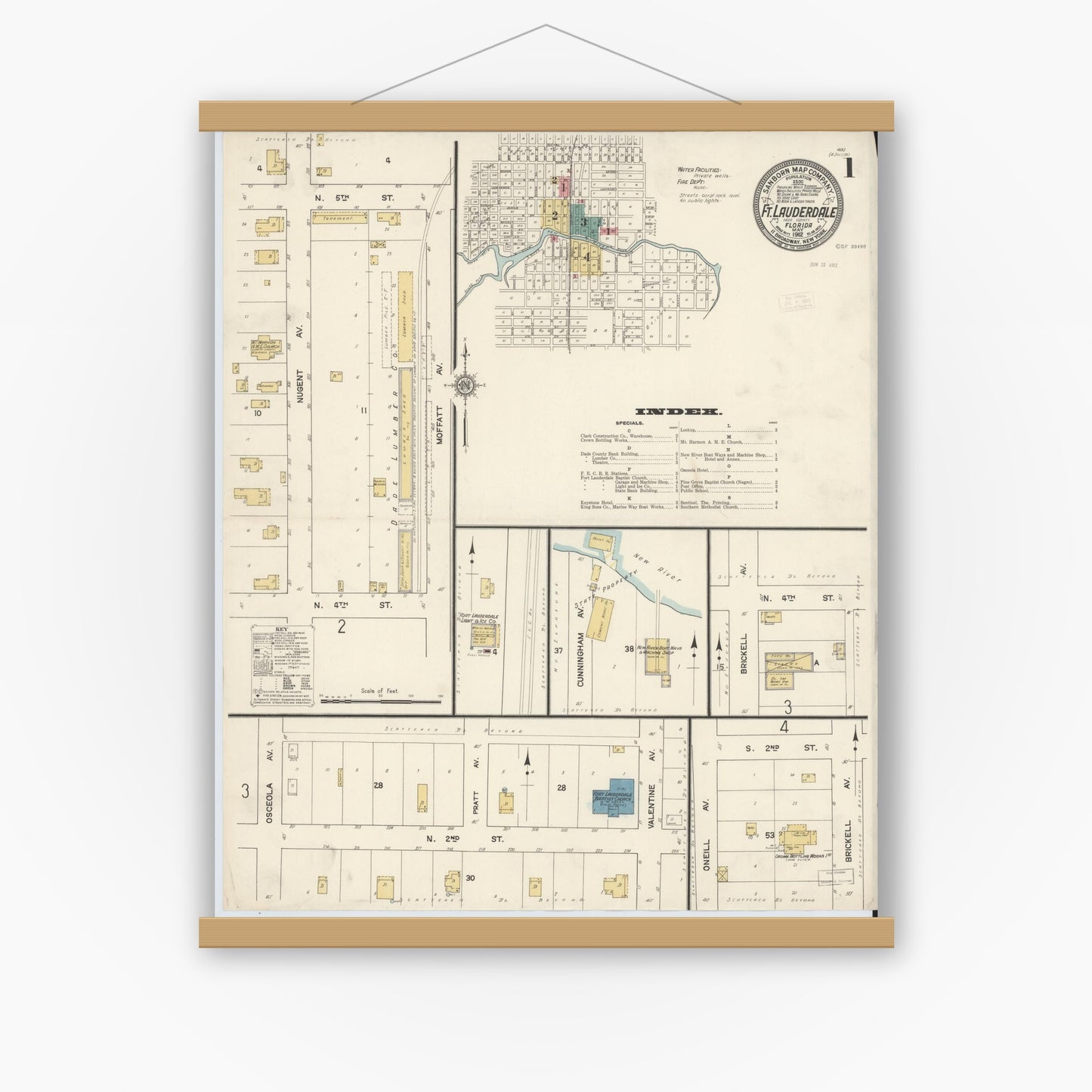 Old map wall art mockup — magnetic wood frame on white wall — Sanborn Fire Insurance Map from Fort Lauderdale, Broward County, Florida (1912) - Complete Map Set