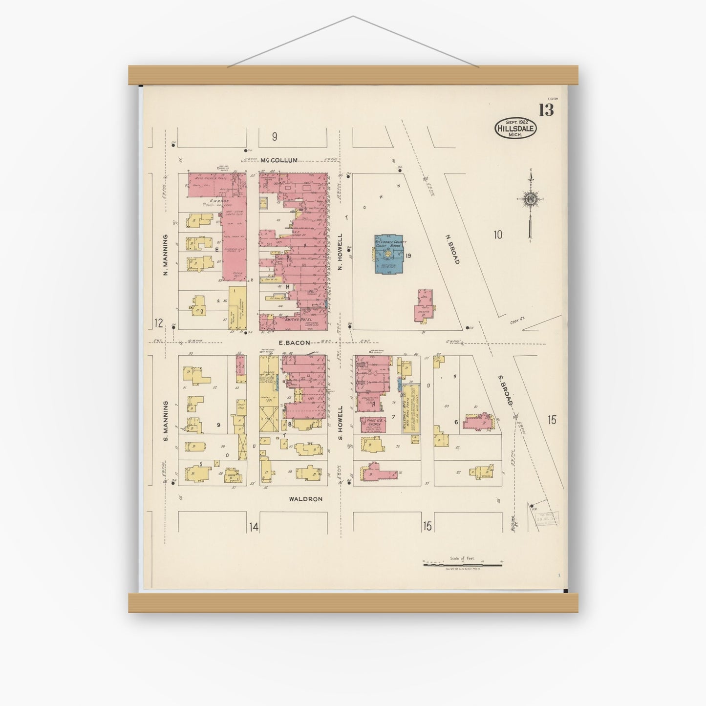 Old map wall art mockup — magnetic wood frame on white wall — Sanborn Fire Insurance Map from Hillsdale, Hillsdale County, Michigan (1922), Sheet #0013