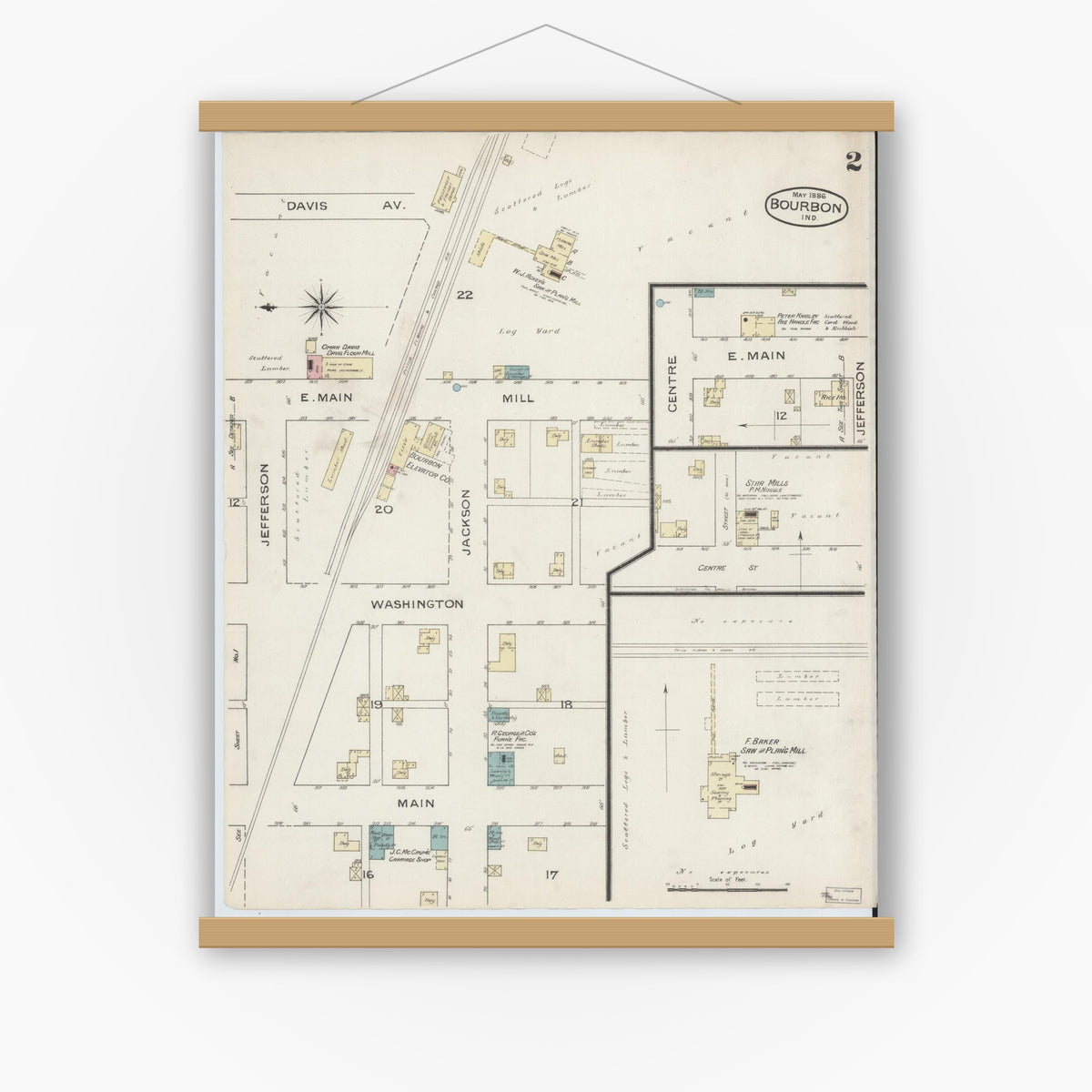 Old map wall art mockup — magnetic wood frame on white wall — Sanborn Fire Insurance Map from Bourbon, Marshall County, Indiana (1886), Sheet #0002