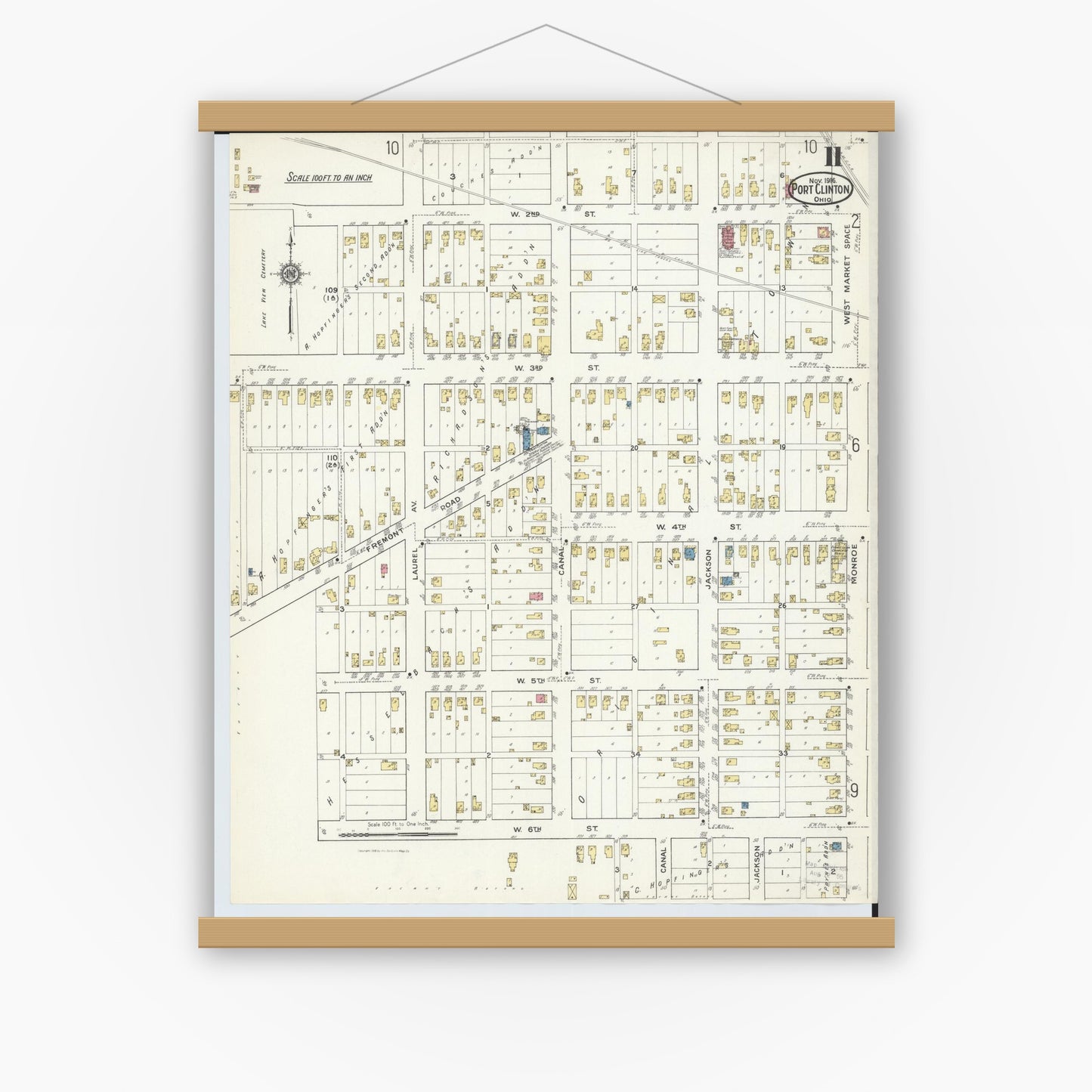 Old map wall art mockup — magnetic wood frame on white wall — Sanborn Fire Insurance Map from Port Clinton, Ottawa County, Ohio (1916), Sheet #0011