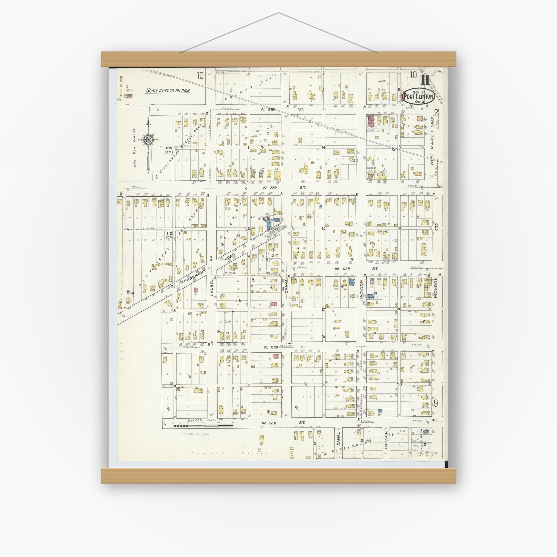Old map wall art mockup — magnetic wood frame on white wall — Sanborn Fire Insurance Map from Port Clinton, Ottawa County, Ohio (1916), Sheet #0011